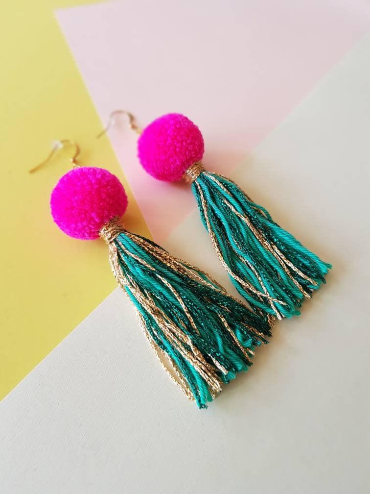 Wedding - Pink, Gold & Green Statement Tassel Earrings - Sterling Silver, Gold or Silver Plated Hardware - Vegan Friendly -