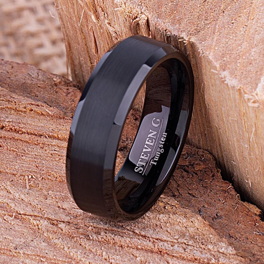 Wedding - Black Tungsten Mens Wedding Band, Mans Engagement Ring 7mm Brushed, Anniversary Ring for Husband, Promise Ring for Boyfriend, Tungsten Ring