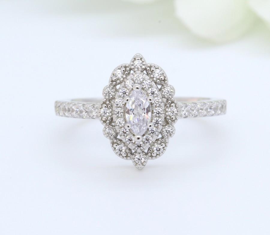 Hochzeit - Vintage Art Deco Wedding Engagement Ring 0.34 Carat Marquise Diamond CZ Accent Solid 925 Sterling Silver Bridal Jewelry, Wedding Ring