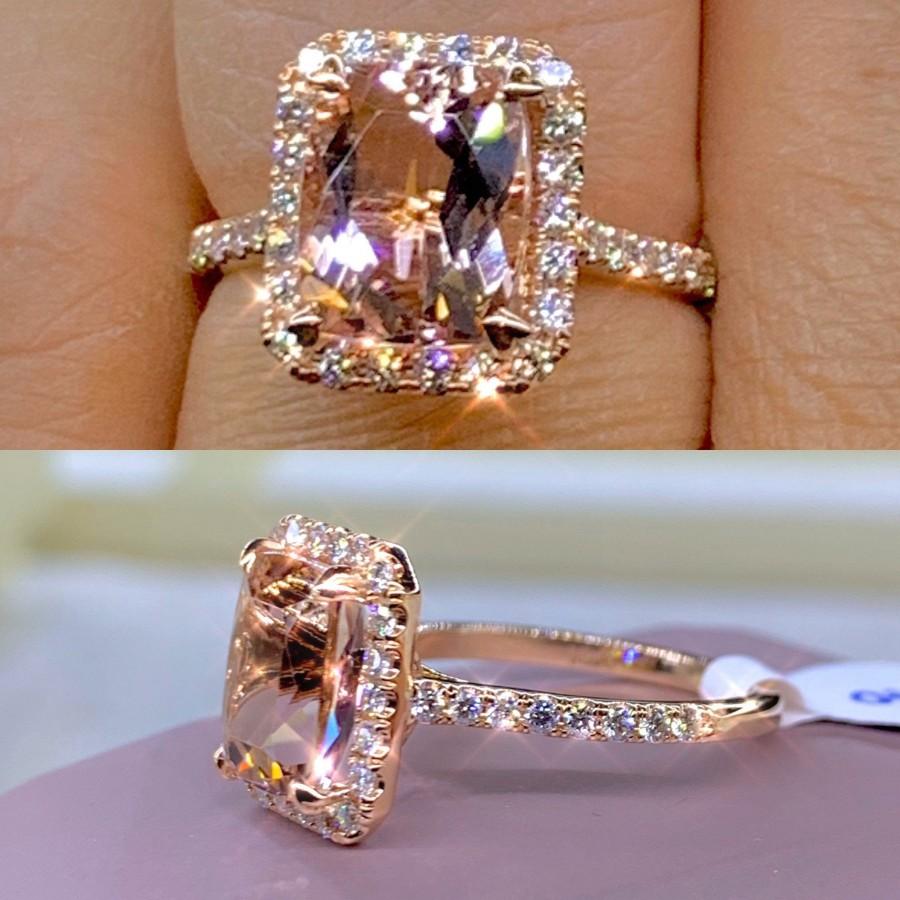 زفاف - Gorgeous 14K Rose Gold Morganite Engagement Ring, Cushion Cut Halo Morganite and Diamond Wedding Ring, 9x7mm Cushion Shape Art Deco Antique