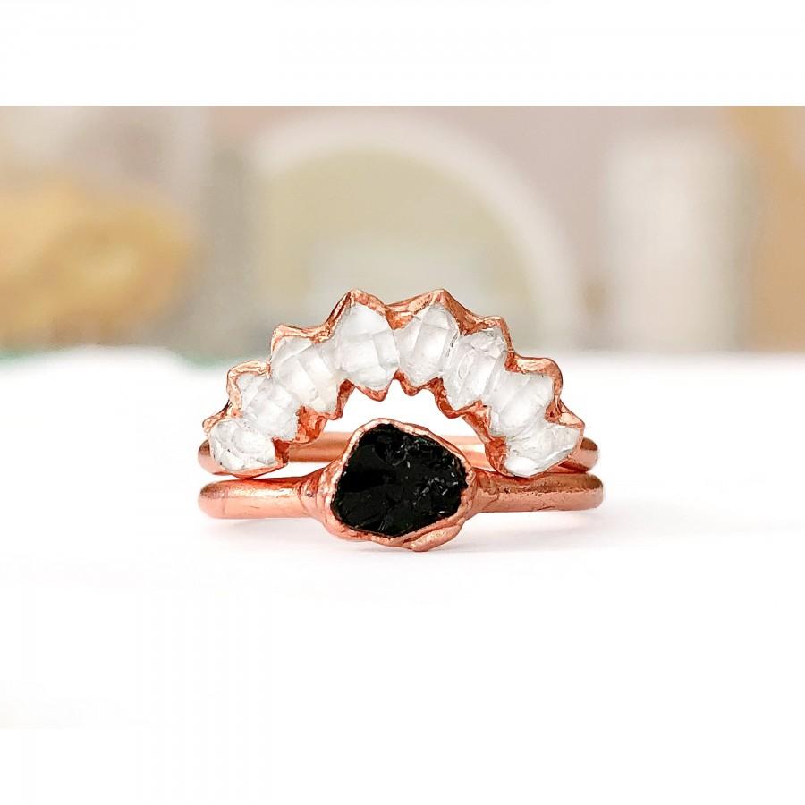 زفاف - Raw Herkimer Diamond Ring For Woman, Black Tourmaline Ring, Raw Diamond Ring, Rough Diamond Ring Set, Raw Crystal Ring, Raw stone ring