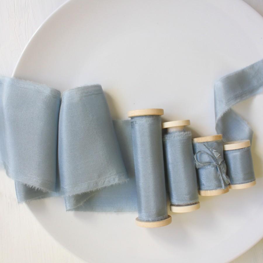 Wedding - SLATE BLUE Silk Ribbon / Gray Blue Hand dyed silk ribbon / 3 yards / Bouquet Ribbon / Ribbon with Spool / Wedding Silk Ribbon