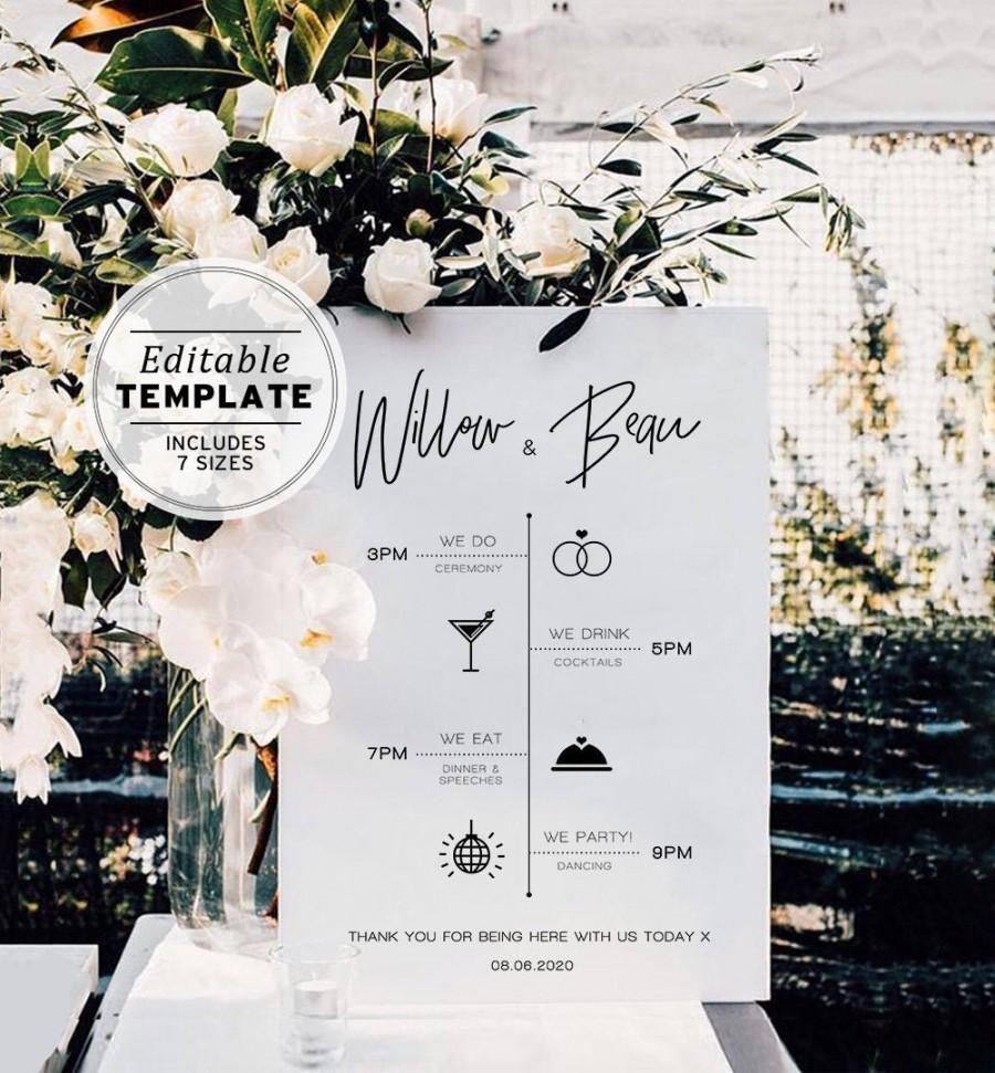 Hochzeit - Juliette Minimalist Wedding Timeline Sign, Editable Template #004