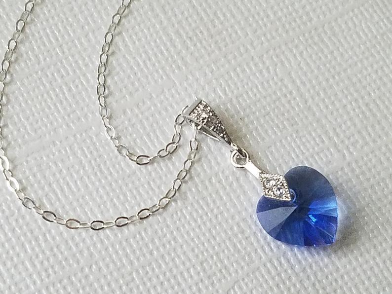 Mariage - Blue Heart Crystal Necklace, Sapphire Heart Dainty Necklace, Swarovski Sapphire Heart Small Necklace, Heart Jewelry, Wedding Heart Pendant