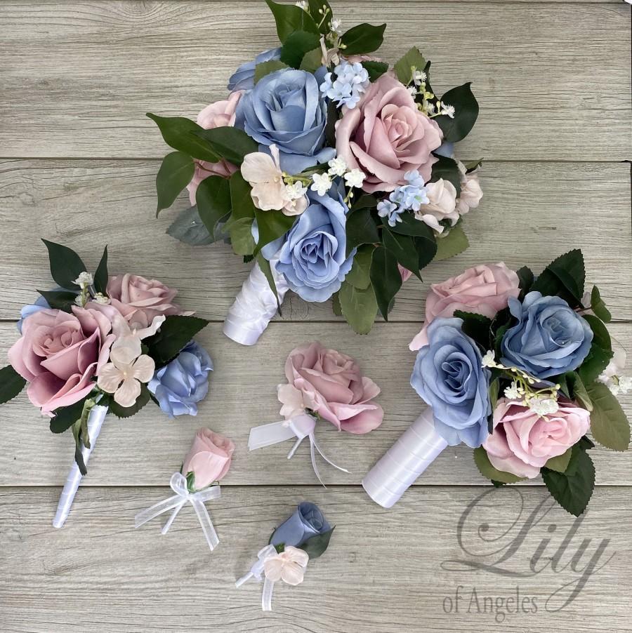 Mariage - Wedding Bouquet, Bridal Bouquet, Bridesmaid Bouquet, 17 PIECE PACKAGE, Silk Flower, Wedding Flower, Dusty Pink, Dusty Blue, Lily of Angeles