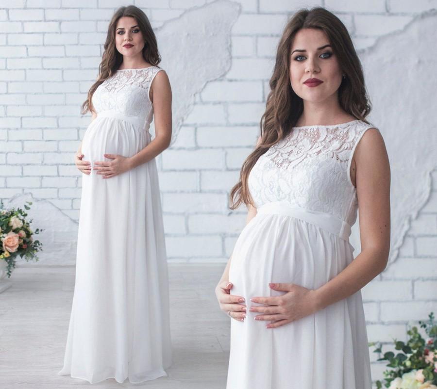 زفاف - Ivory Maternity Dress / Long Chiffon Flowy Dress for Future Mom / Tender Pregnancy Gown / Floor length maternity dress with lace top