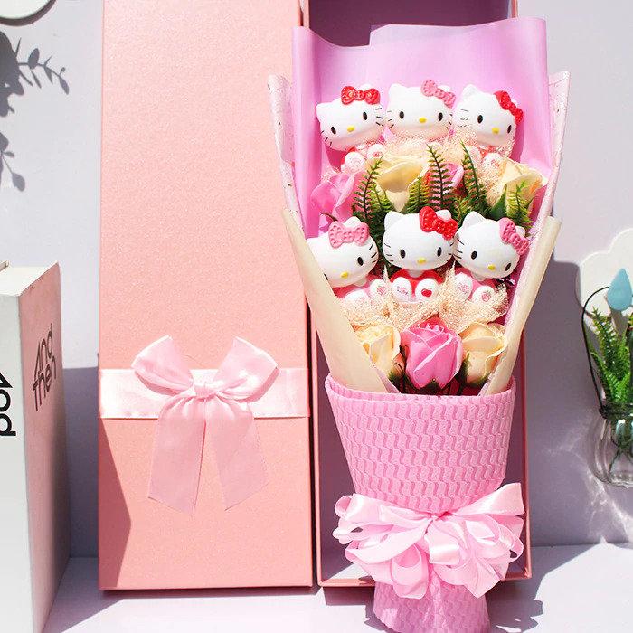 Wedding - Valentines gift for her, Hello Kitty Plush toy bouquet, Handmade Roses, personalised gift box for her, Birthday Present for her