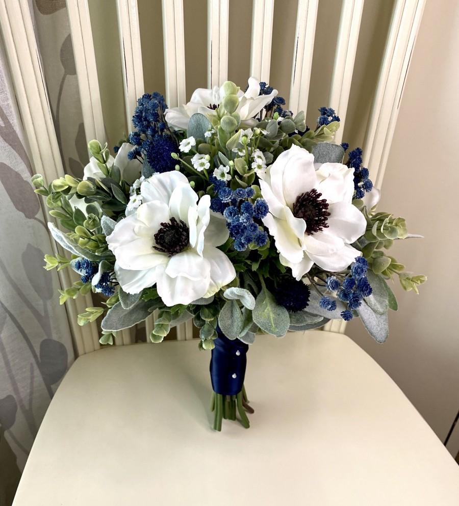 Hochzeit - Wildflower bridal  bouquet, navy blue & white wedding bouquet, anemone silk flower wedding bouquet, Blue thistle eucalyptus wedding flowers