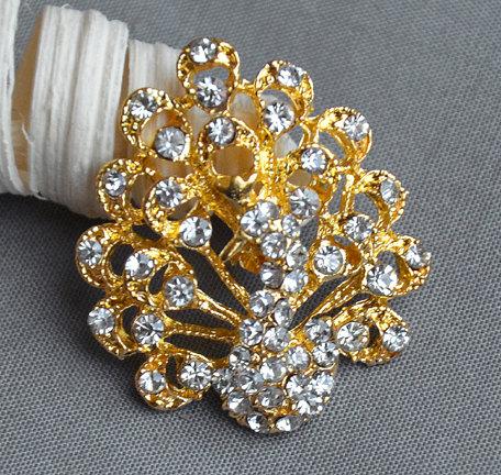 Hochzeit - 5 Rhinestone Button Embellishment Gold Peacock Crystal Wedding Brooch Bouquet Invitation Cake Hair Comb Shoe Clip BT536
