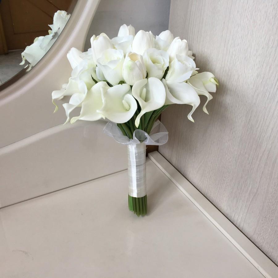 Wedding - White Bridal Bouquet, White Calla Lilly Bouquet,  Silk Rose Flower Bouquet For Bridal, Tulips Bridal Bouquet, Ivory Bouquet DJ-34