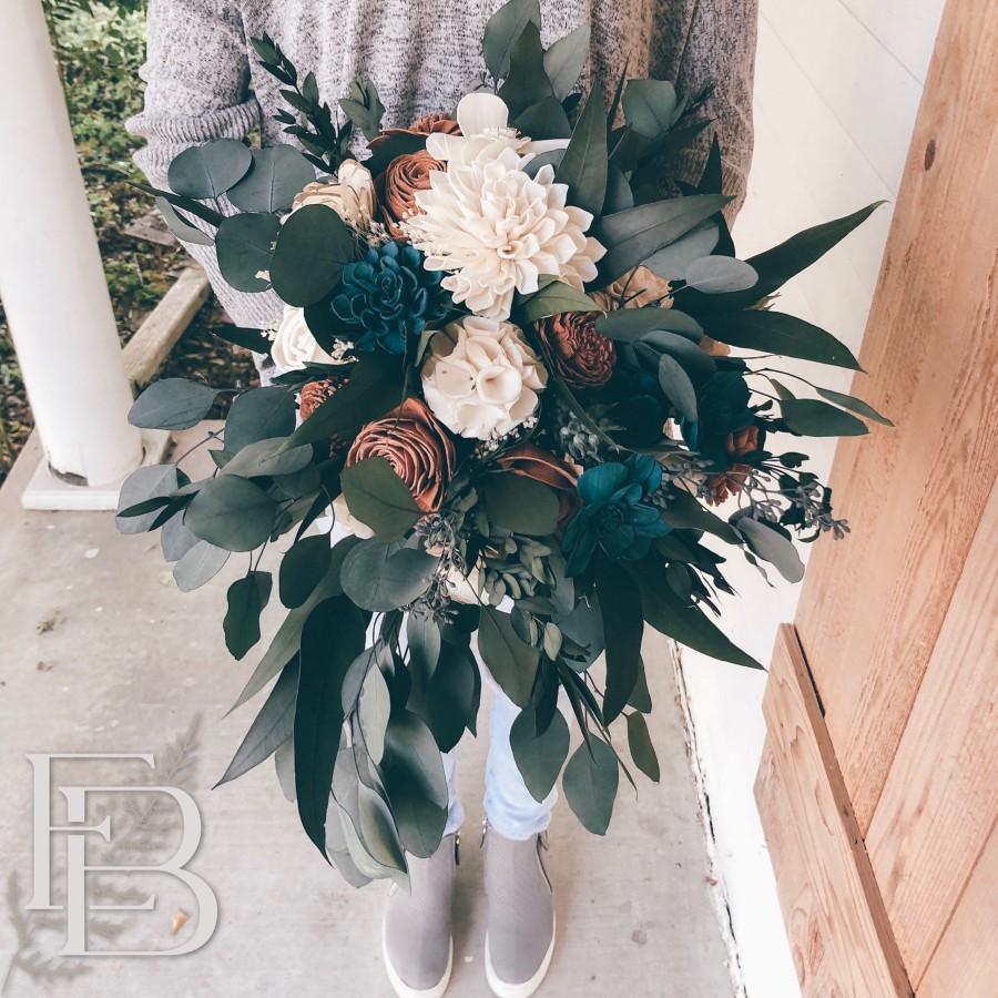 زفاف - NATALIE’S COLLECTION ~ Copper Teal Ivory ~ Sola Wood Flower ~ Wedding Bouquet ~ Eucalyptus ~ Preserved Forever Flowers