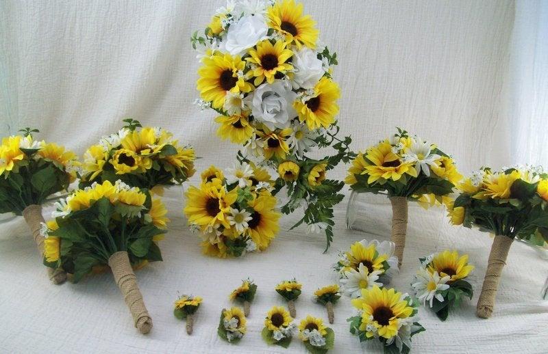 Wedding - Sunflower Bridal Bouquet-Fall Bridal Bouquet-Cascade Sunflower Bouquet-Rustic Burlap Sunflower bouquet-Daisy Bouquet-Silk Flower Package