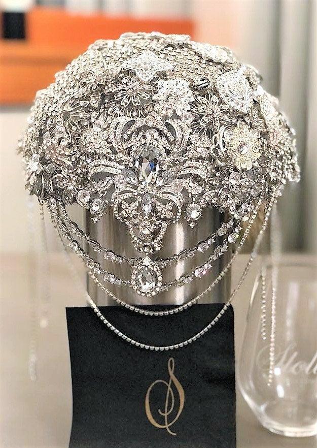 زفاف - Crystal Bouquet, Silver Rhinestone Bouquet, Bling Bouquet, Cascading, Quality Silver Crystal Brooch Bouquet, Silver Broach Bouquet, DEPOSIT