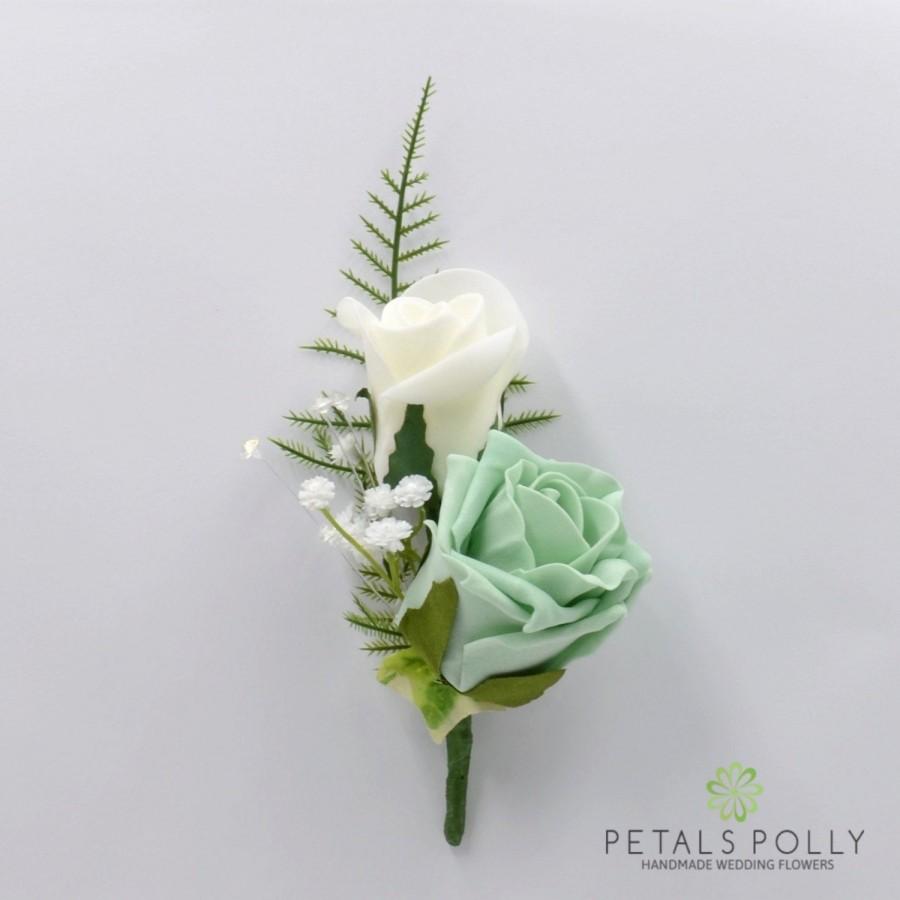 Hochzeit - Artificial Wedding Flowers, Mint Green & Ivory Double Foam Rose Buttonhole