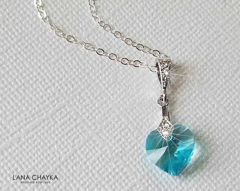 Mariage - Light Turquoise Heart Crystal Necklace, Swarovski Heart Silver Pendant, Teal Dainty Heart Necklace, Wedding Light Teal Jewelry Prom Necklace