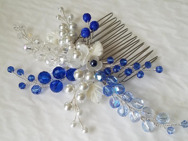 Mariage - Blue Crystal White Pearl Hair Comb, Sapphire Blue Hair Piece, Wedding Headpiece, Blue Crystal Pearl Floral Hairpiece Blue White Hair Jewelry
