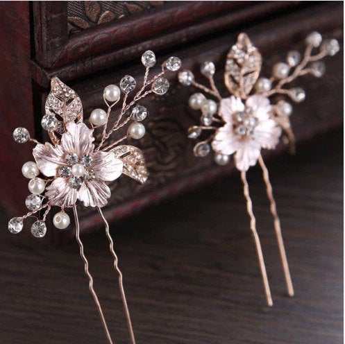 Mariage - Bridal Hair Accessories, Rose Gold, Silver, and Gold, Rhinestone, Floral, pearls and beads for Bridal Hairstyles, Bridal Hair Pins