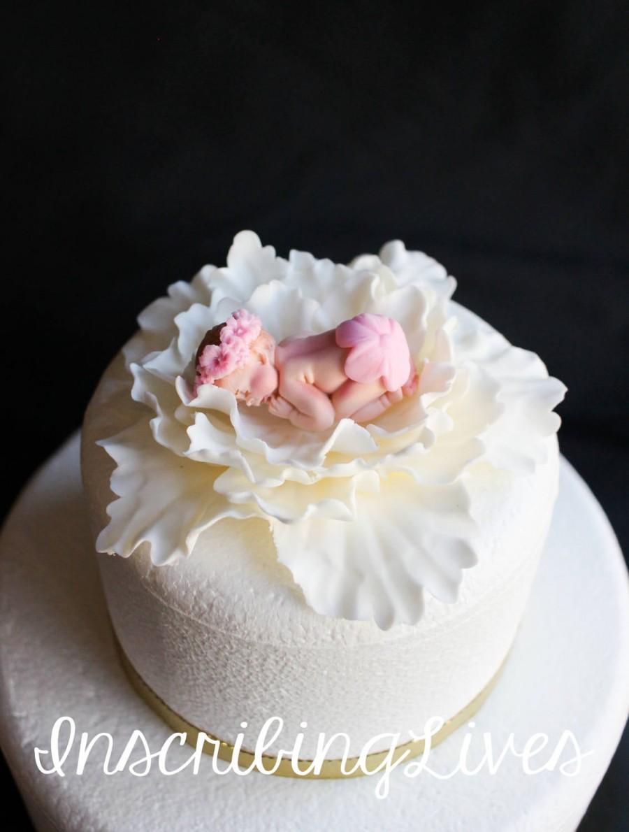 زفاف - Baby girl cake topper edible cake decorations baby on white peony flower fondant baby baptism cake topper baby on flower InscribingLives