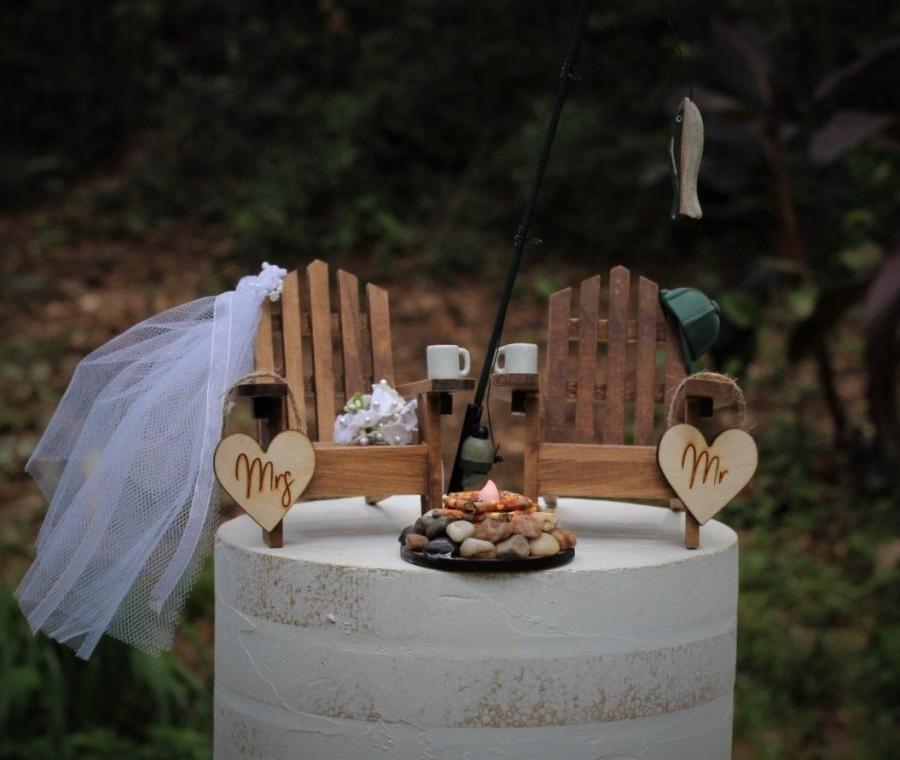 Wedding - Fishing-Fishing pole-Adirondack Chairs-Lighted Campfire-Fisherman-Bride-Groom-Rustic-Unique-Baseball Cap-
