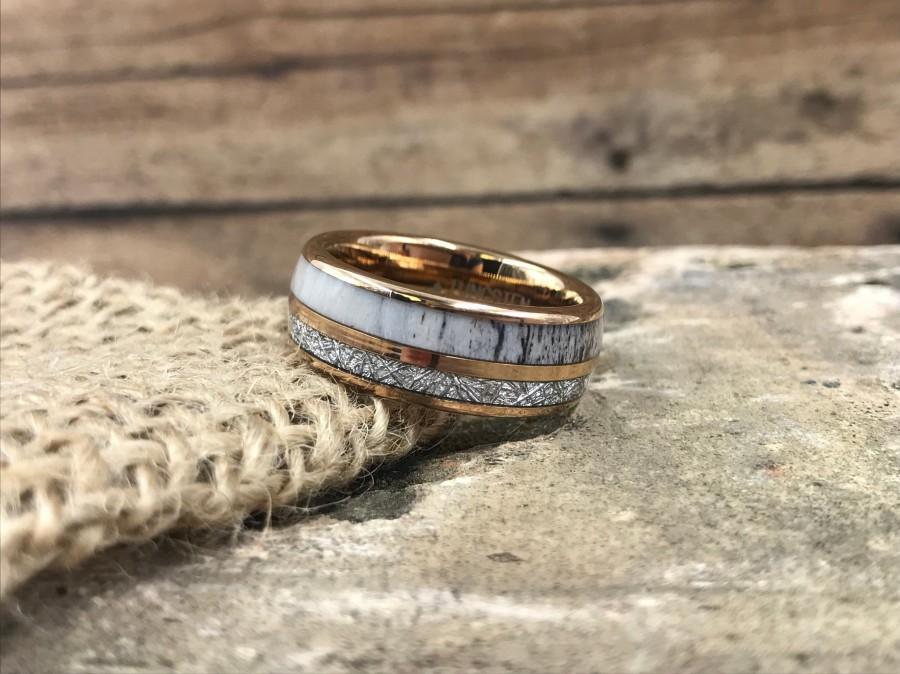 Wedding - Rose Gold with Deer Antler and Meteorite Inlay Tungsten Carbide Ring • Men's 8mm Wedding Band • Hand Etched • (SKU: 1226AN)