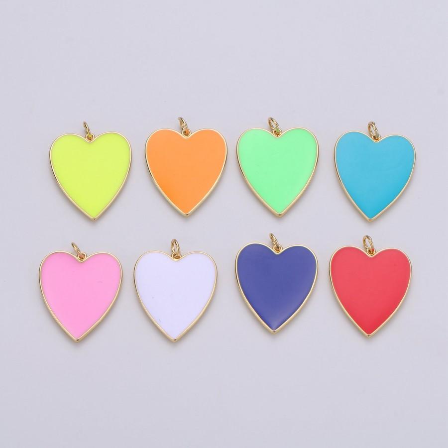 Mariage - Neon Heart Charms, Enamel Heart Pendant for Necklace Earring Charm Component in 24k Gold filled Red White Green Teal Yellow Orange Pink Love