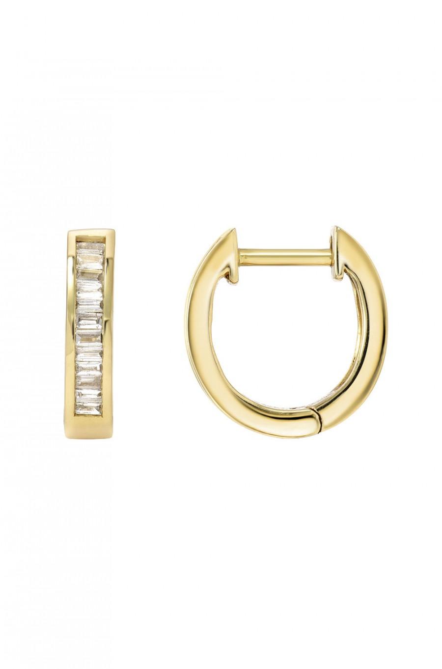 Hochzeit - 14k Gold Stacked Baguette Diamond Huggie Earrings