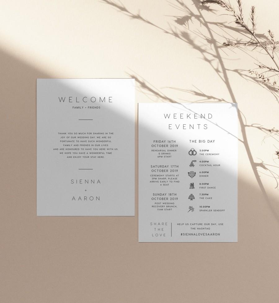 Hochzeit - Minimalist Wedding Timeline INSTANT DOWNLOAD Welcome Bag Note, Itinerary Template, Order of Events, Wedding Day Schedule, Editable, PEO001