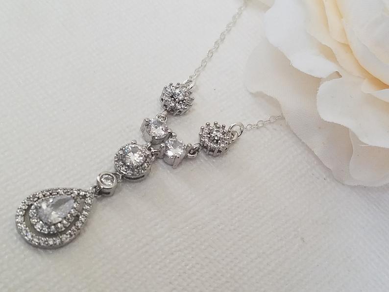 Hochzeit - Cubic Zirconia Dainty Bridal Necklace, Teardrop Crystal Silver Necklace, Wedding CZ Necklace, Bridal Delicate Necklace, Prom CZ Necklace