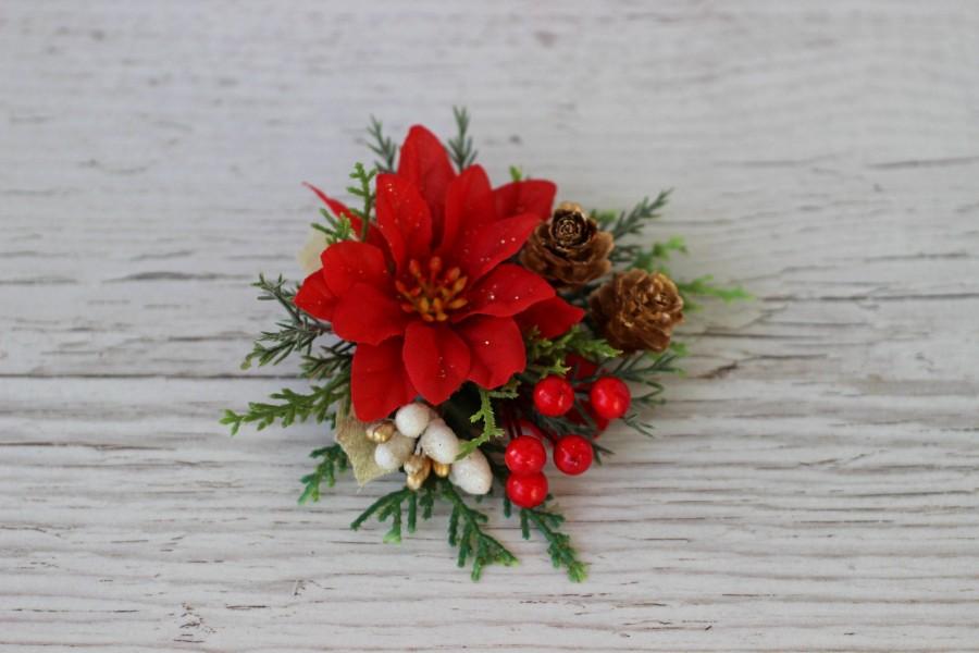 زفاف - Greenery Christmas flower clip, Winter wedding headpiece, Poinsettia hair clip