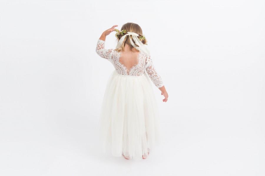 Hochzeit - White Lace Flower Girl Dress, Ivory Tulle Long Sleeve Wedding dress, Floor Length Boho Ball Gown