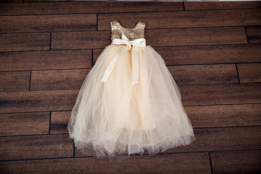 زفاف - Gold Sequin Flower Girl Dress, Champagne Tulle Flower Girl Dresses, Romantic Ball Gown