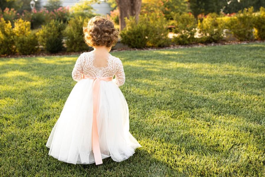 Mariage - Full Length White Tulle White Lace Top Scalloped Edges Back Party Flower Girl Dress, White Flower Girl Dress, Lace Flower Girl Dress