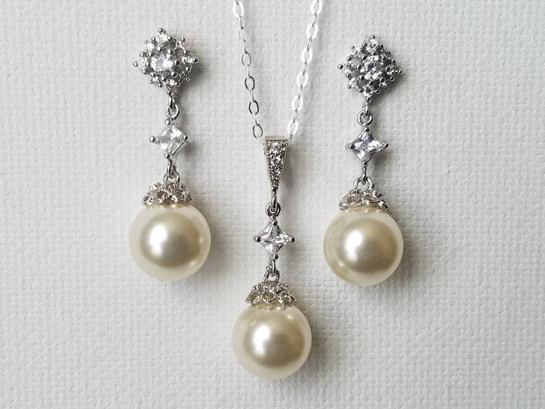 Hochzeit - Wedding Jewelry Set, Pearl Bridal Jewelry Set, Swarovski Ivory Pearl Earrings Necklace Set, Bridal Jewelry, Pearl Drop Silver Set, Prom Set