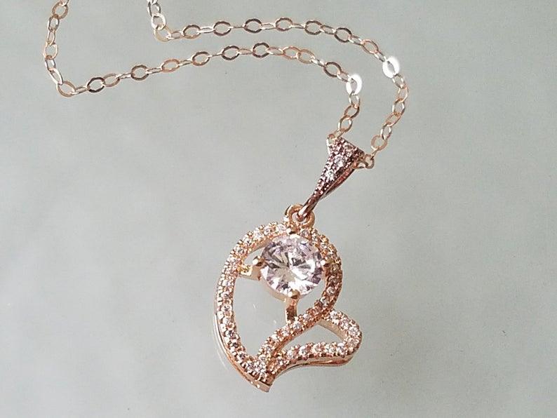 Mariage - Heart Rose Gold Necklace, Wedding Rose Gold Charm Necklace, CZ Heart Pendant Necklace, Bridal Heart Necklace, Pink Gold CZ Heart Necklace