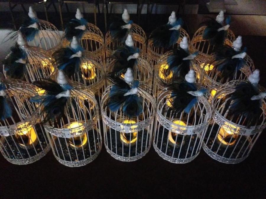 Mariage - 2 Shabby Chic White Metal Hanging Lantern Bird Cage Wedding Centerpieces Card Holders with Flickering LED Peacock Feather Candles