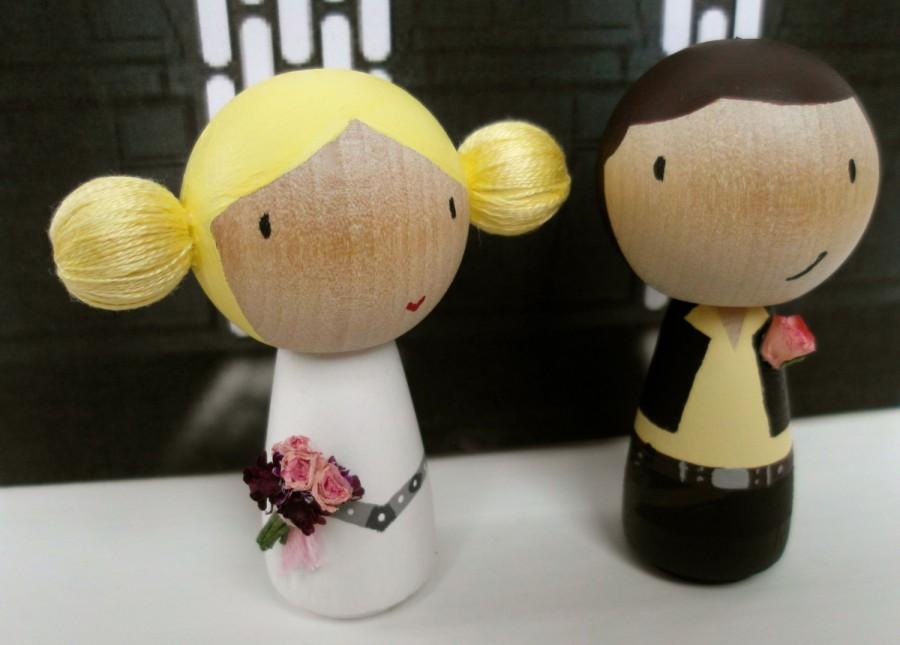 Wedding - Personalised Princess Leia And Han Solo Inspired Wedding Wooden Peg Doll Cake Topper - hand painted