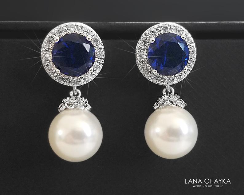 Mariage - Pearl Bridal Earrings, White Navy Blue Wedding Earrings, Swarovski 10mm Pearl Drop Earrings, Pearl Bridal Jewelry, Pearl Navy Blue CZ Studs