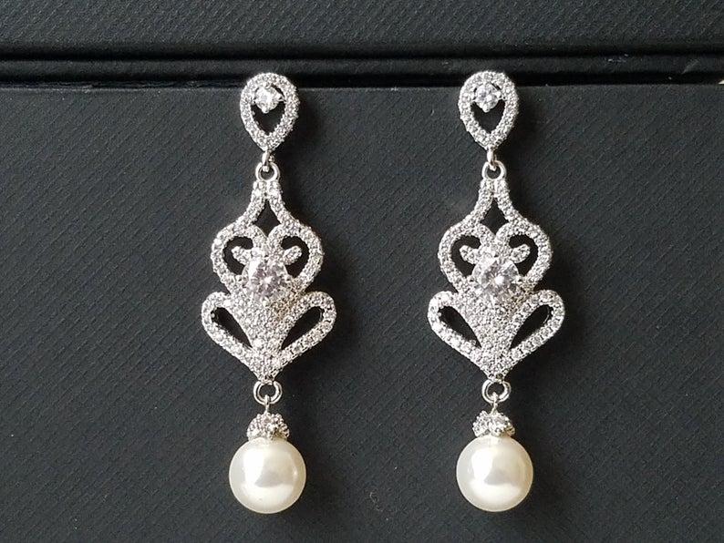 Wedding - Pearl Chandelier Bridal Earrings, Swarovski White Pearl Dangle Earrings, Pearl Bridal Jewelry, Wedding Pearl Jewelry, Pearl Silver Earrings