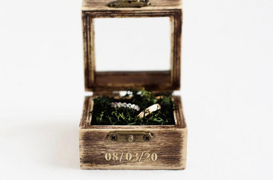 زفاف - Rustic Wedding Ring Box With Moss - Custom Glass Box, Ring Bearer Box, Wooden Wedding Box, Ring Pillow Alternative, Box For Wedding Ceremony