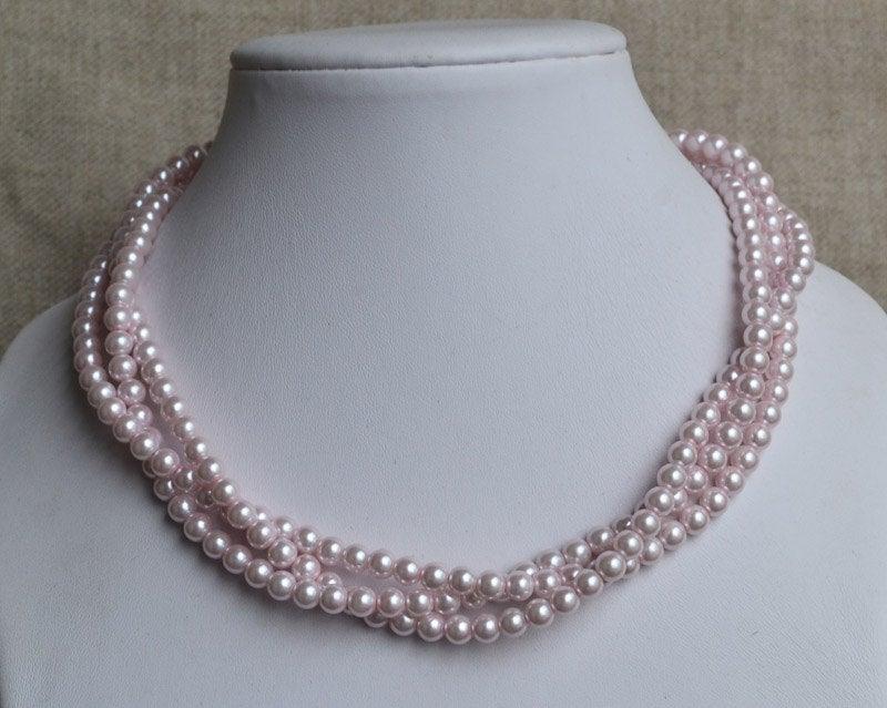 Mariage - light pink pearl necklace,3-rows pearl necklaces,wedding necklace,bridesmaids necklace,glass pearls necklaces, pearl necklace,necklace