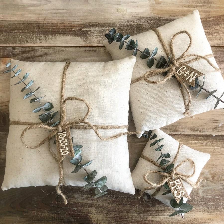 Wedding - Natural Cotton Ring Bearer Pillow with Preserved Baby Eucalyptus- Jute Twine and Personalized Burlap Tag- Three Sizes Available- Minimalist