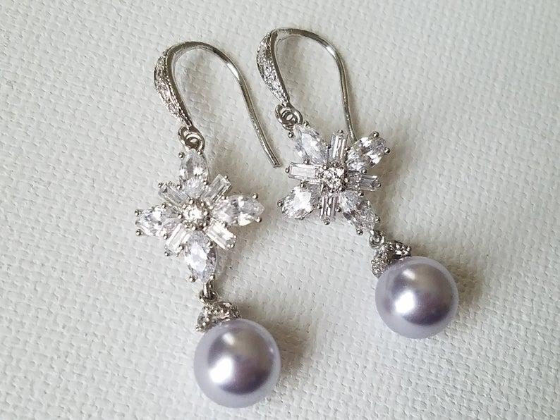 Hochzeit - Lavender Pearl Wedding Earrings, Pastel Lavender Lilac Bridal Earrings, Swarovski Lavender Pearl CZ Earrings, Lilac Silver Bridal Jewelry