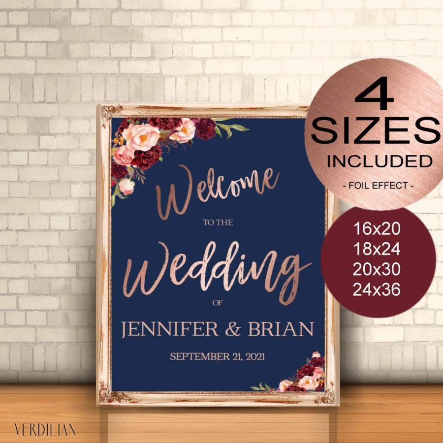 Hochzeit - Navy Marsala Rose Gold Wedding Welcome Sign Template Wedding Reception Printable Welcome to Our Wedding Poster Board DIY Template