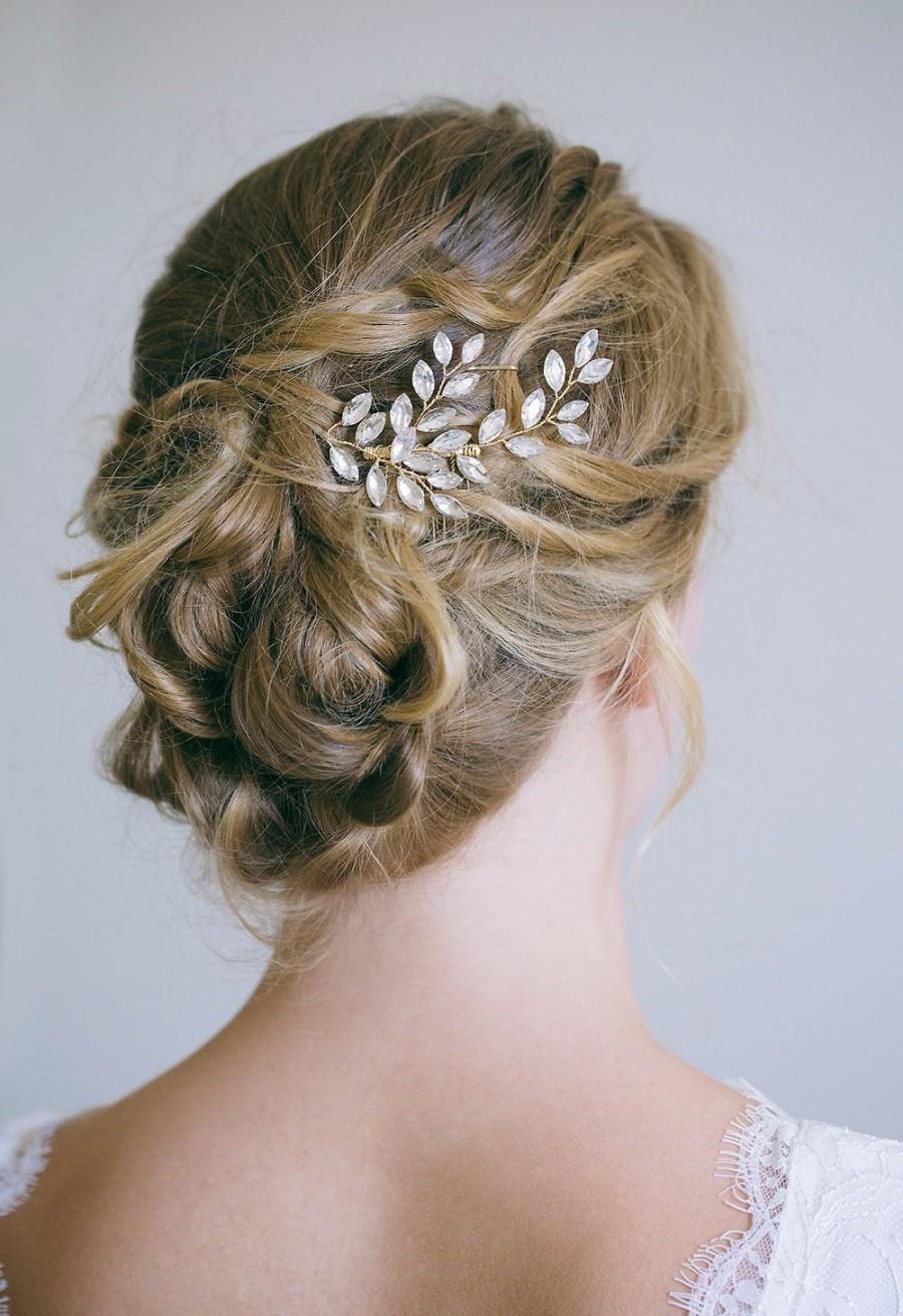 زفاف - Crystal hair comb, Bridal hair comb, Gold hair comb, Gold Hair vine, Crystal leaf hair comb, Gold bridal headpiece, Rhinestone hair comb