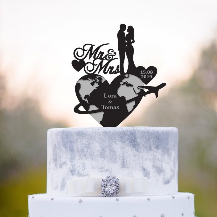 Wedding - Travel wedding cake topper,romantic cake topper,mr mrs topper,hearts cake topper,Destination wedding cake topper,travel cake topper,a2