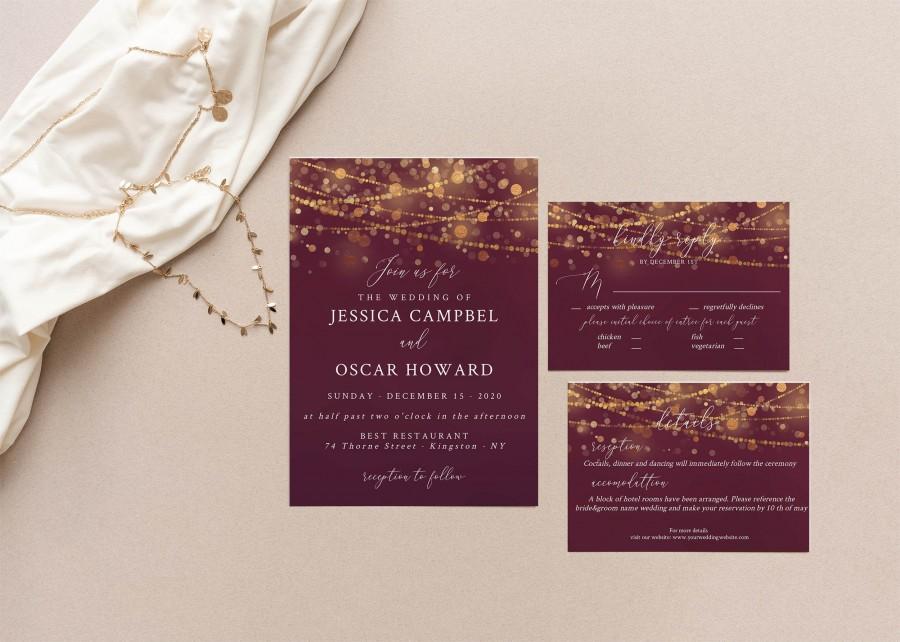 Hochzeit - Burgundy and Gold Wedding Invitation Set, Wedding Invite Suite, Gold Bokeh, Gold Light Effects, Shimmery, Editable, Printable, Downloadable