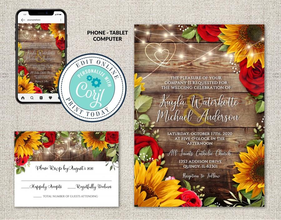 Wedding - Wedding Invitation and RSVP Template, Rustic Wood with Sunflowers & Roses Invitation Suite, Editable Printable File,Instant Download, Corjl