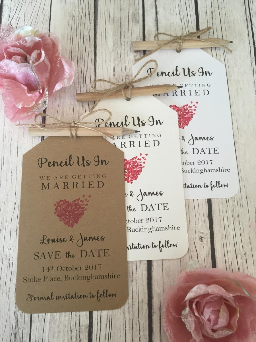 Свадьба - Save the Date Vintage/Rustic Pencil Us In Vintage/Rustic Heart Wedding Save the Date tags, pencil, twine with magnet/fridge magnet