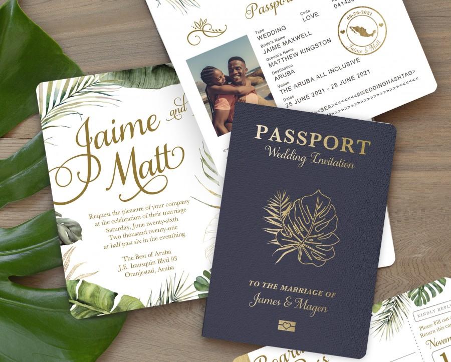 Mariage - Tropical Beach Wedding Passport Destination Invitation Set in Gold with Green Foliage by Luckyladypaper - see details to order
