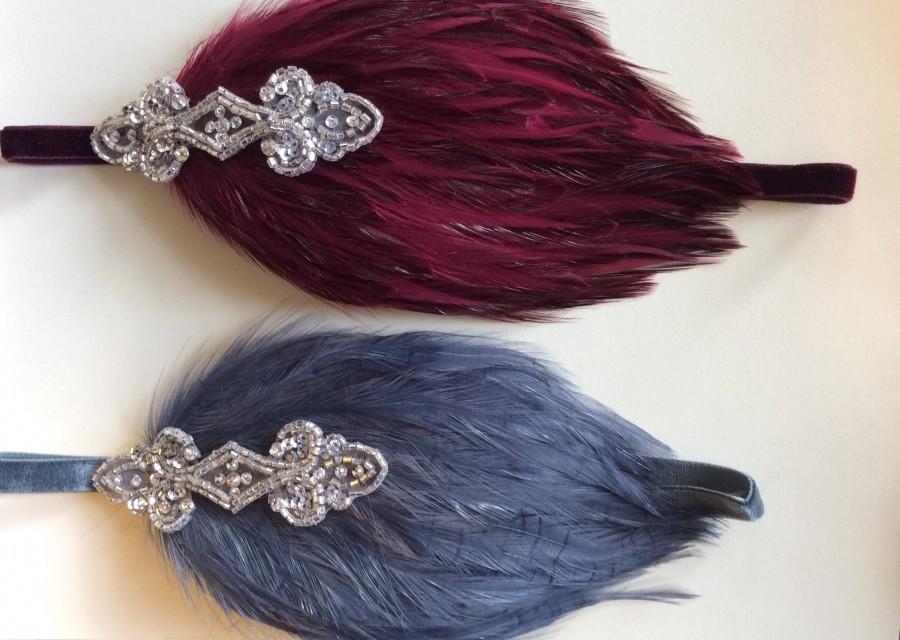 Mariage - Silver Great Gatsby headbands, burgundy feather, slate gray feather, bridesmaids Valentine's Day bridal wedding, flapper beaded fascinator